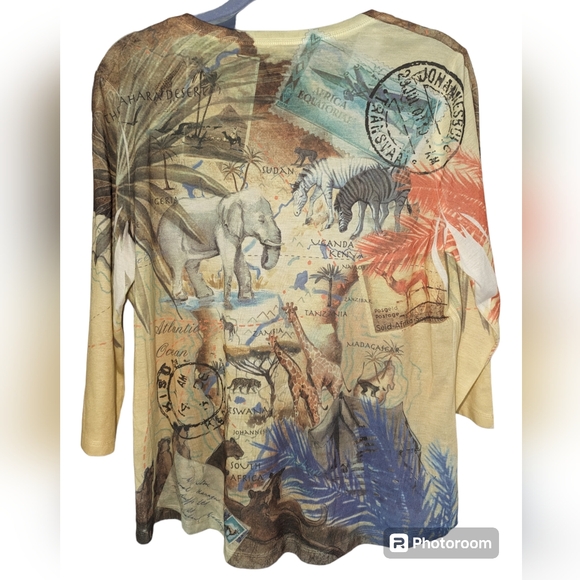 Chico's African ๐๐๐ฆ๐ฆ๐ฆ๐ฆ๐ฆpassport colorful 3/4 sleeve top size2 - Picture 9 of 10